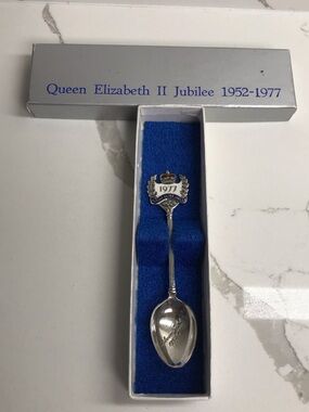 Queen Elizabeth II Jubilee 1952-1977 Commemorative Silver Spoon - Blue Accents
